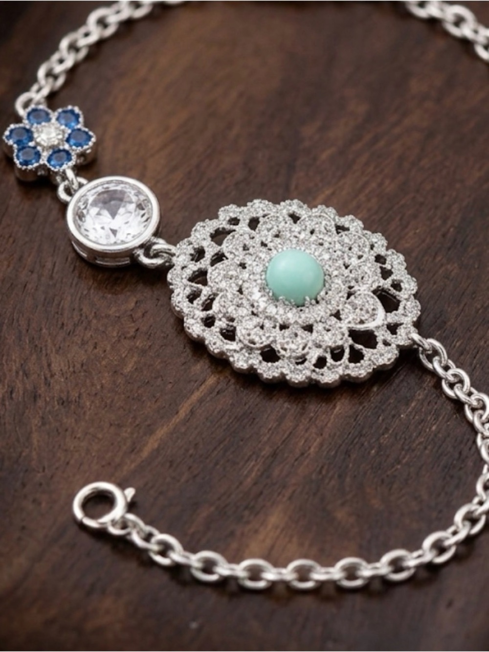 Vintage  Filigree Bracelet with Turquoise Accent and Blue Crystal Flower